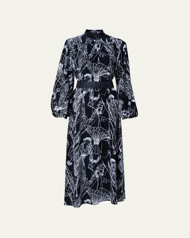 Kaftan Dress, Silk, Croquis Print, Mock Neck, Front Button Closure, Side Slits, Long Sleeve